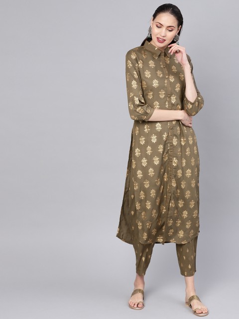 

GERUA Women Olive Green & Golden Block Printed Kurta with Trousers