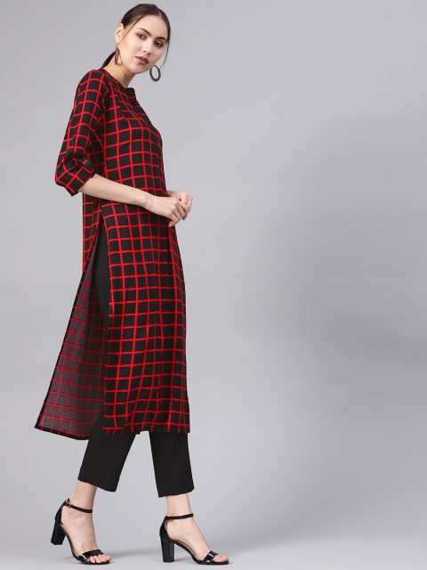 

GERUA Women Black & Red Checked Straight Kurta