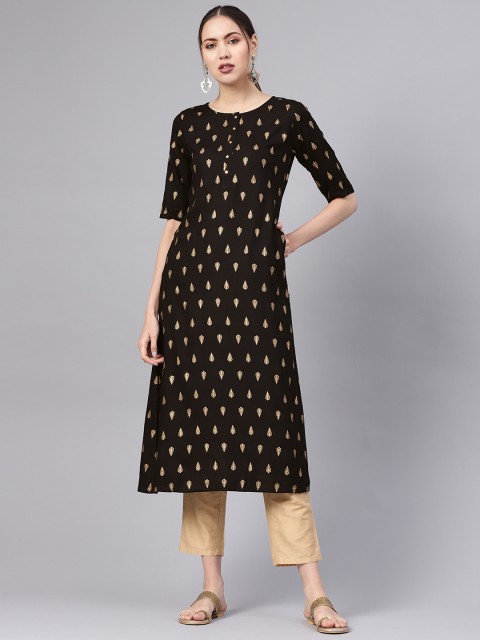 

GERUA Women Black & Golden Block Printed Straight Kurta