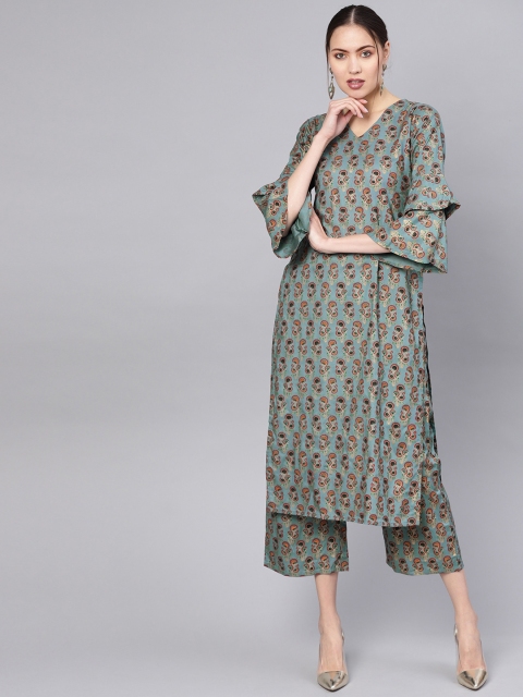 

GERUA Women Teal Green & Maroon Block Print Kurta with Palazzos