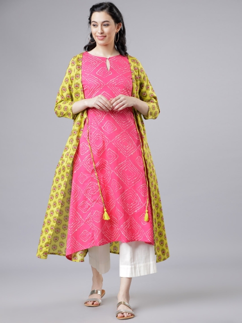 

Vishudh Women Green & Pink Printed A-Line Layered Kurta