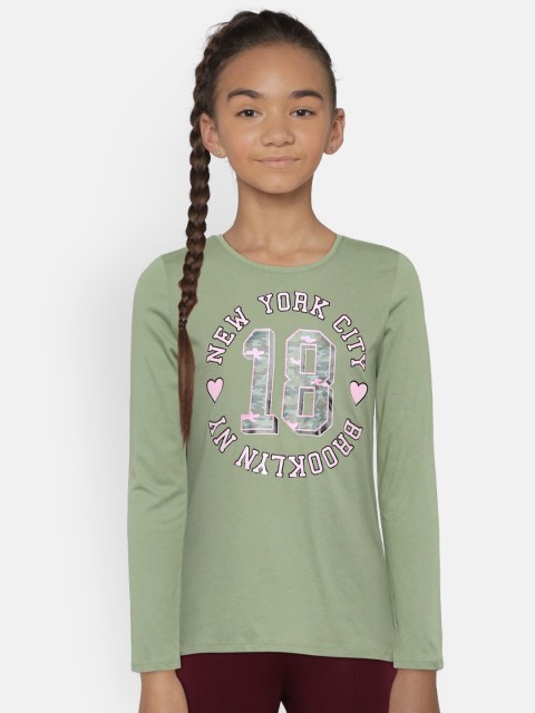 

The Childrens Place Girls Olive Green Printed Round Neck T-shirt