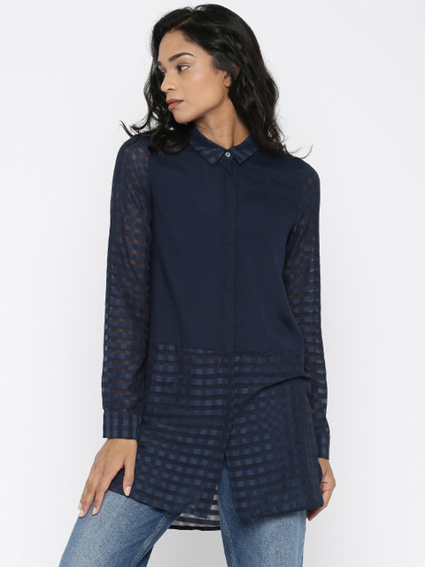 

Vero Moda Women Navy Blue Self-Checked Longline Shirt