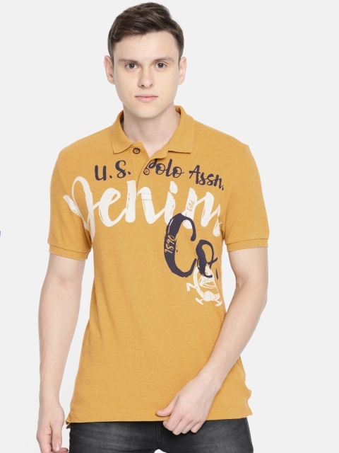 

U.S. Polo Assn. Denim Co. Men Mustard Yellow Slim Fit Printed Polo Collar Pure Cotton T-shirt