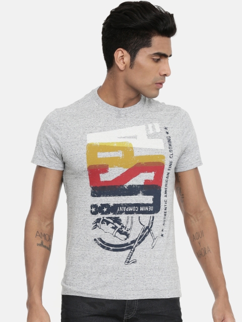 

U.S. Polo Assn. Denim Co. Men Grey Melange Printed Round Neck Pure Cotton T-shirt