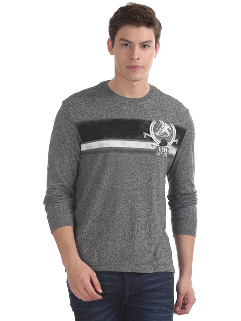 

U S Polo Assn Denim Co Men Grey Melange & Black Striped Slim Fit T-shirt