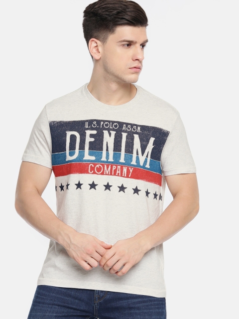 

U.S. Polo Assn. Denim Co. Men Grey Melange Printed Round Neck Pure Cotton T-shirt