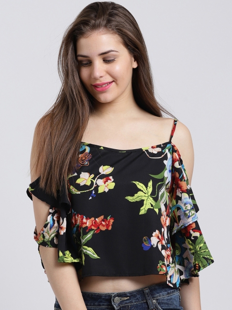 

Sibi Women Black Floral Printed A-Line Crop Top