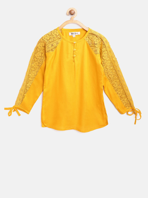 

Bella Moda Girls Mustard Yellow Solid Top with Lace Inserts Detail