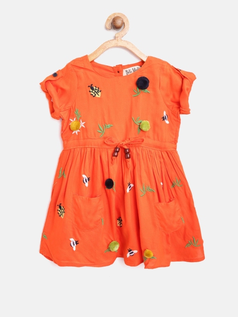 

Bella Moda Girls Orange Conversational Embroidered Fit & Flare Dress