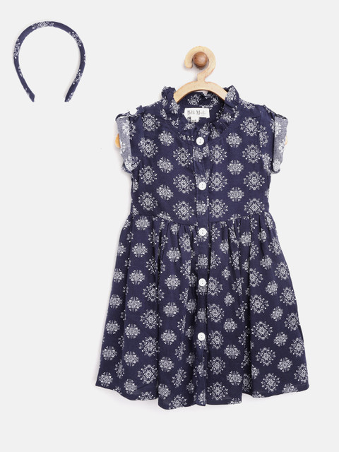 

Bella Moda Girls Navy Blue & White Printed Fit & Flare Dress