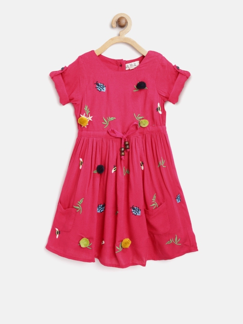 

Bella Moda Girls Fuchsia & Green Conversational Embroidered Fit & Flare Dress