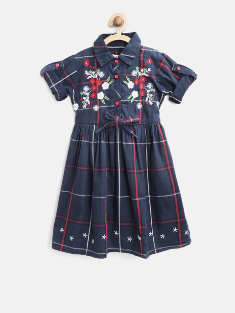 

Bella Moda Girls Navy Blue & Red Floral Embroidered Checked Shirt Dress