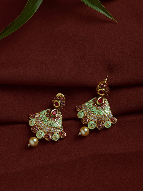 

PANASH Gold-Plated & Green Handpainted Floral Drop Earrings