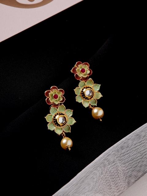 

PANASH Gold-Toned & Green Floral Drop Earrings