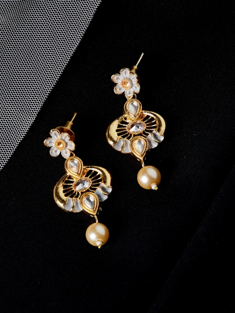 

PANASH Gold-Plated & Off-White Floral Handpainted Drop Earrings