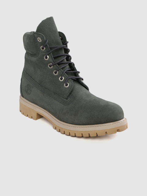 

Timberland Men Grey Nubuck Leather 6 Inch Premium Waterproof Mid-Top Flat Boots