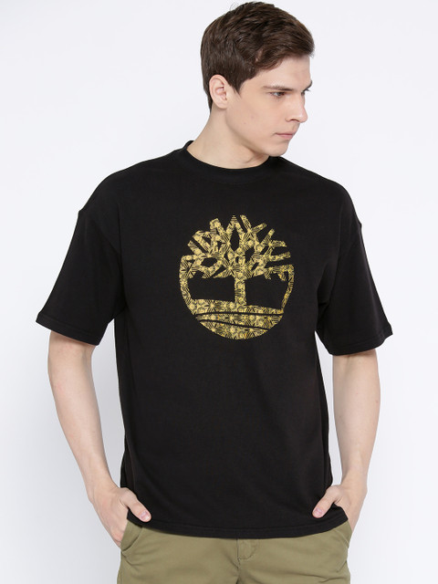 

Timberland Men Black & Golden Printed SS Logo T-Shirt