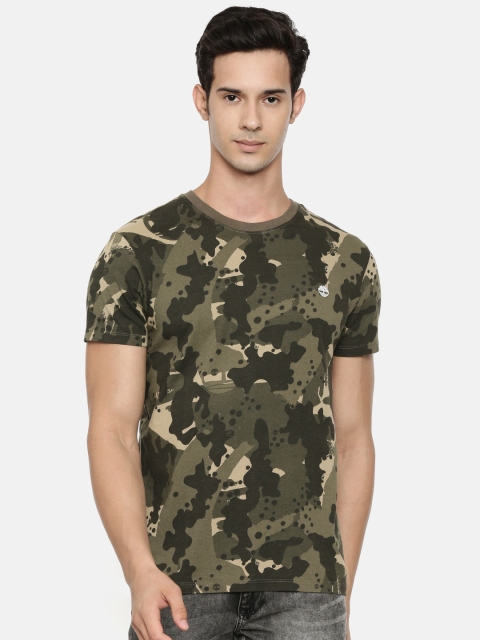 

Timberland Men Olive Green & Black Slim Fit Camouflage Printed Round Neck T-shirt