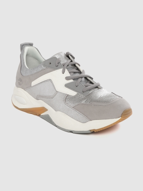 

Timberland Women Silver-Toned & Grey Delphiville Colourblocked Leather Sneakers