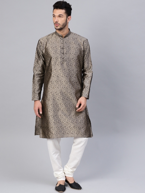 

SOJANYA Men Grey & Off White Self Design Straight Kurta with Churidar, Beige