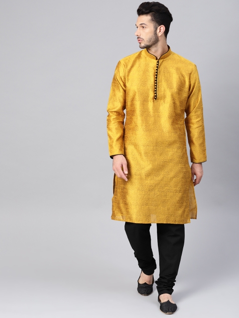

SOJANYA Men Mustard Yellow & Black Self Design Kurta with Churidar