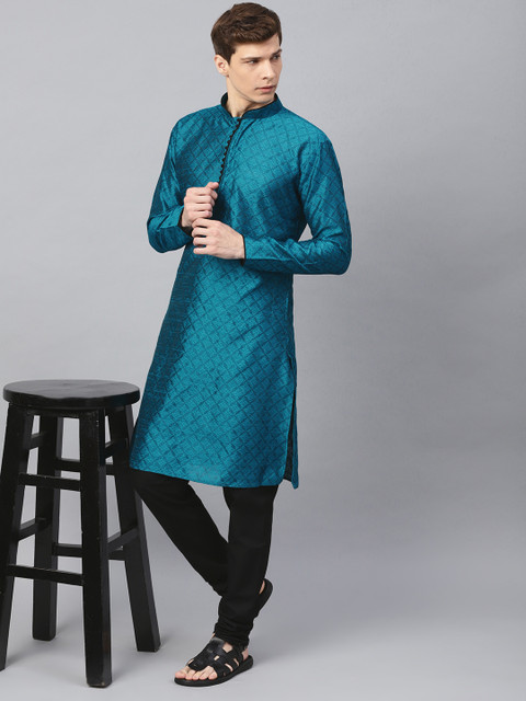 

SOJANYA Men Blue & Black Self Design Kurta with Churidar