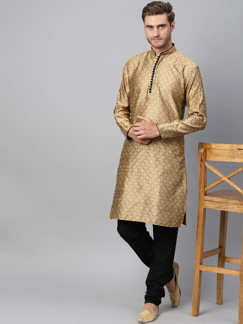 

SOJANYA Men Golden & Black Self Design Kurta with Churidar, Gold