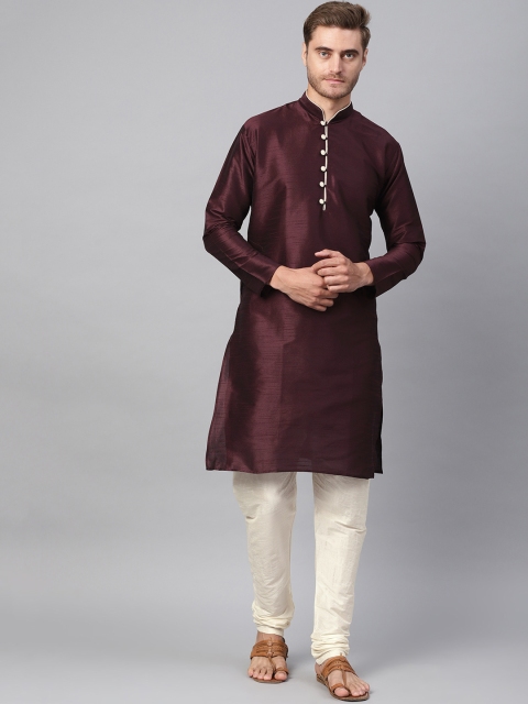 

SOJANYA Men Burgundy & Off-White Solid Kurta with Churidar