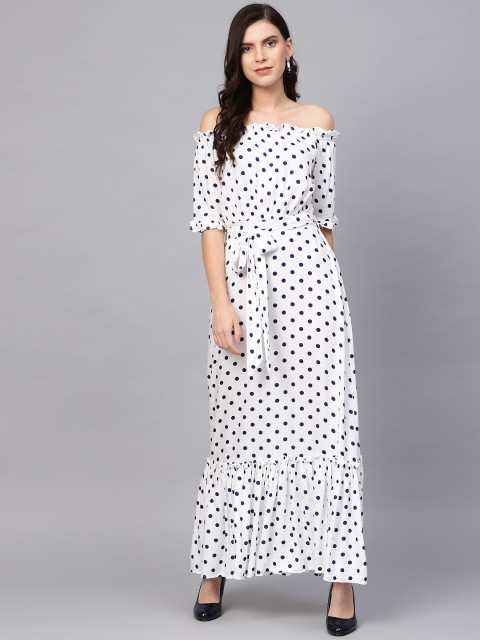 

Femella Women White & Navy Blue Polka Dots Print Maxi Dress