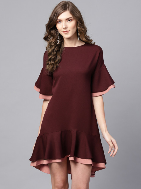 

Femella Women Wine-Coloured Solid Mini A-Line Dress, Burgundy