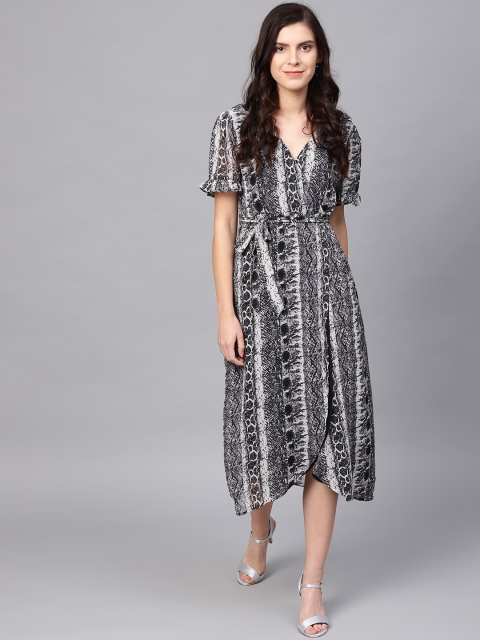 

Femella Women Grey & Black Animal Printed Wrap Dress
