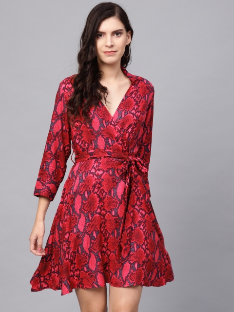 

Femella Women Red & Pink Snakeskin Printed Wrap Dress