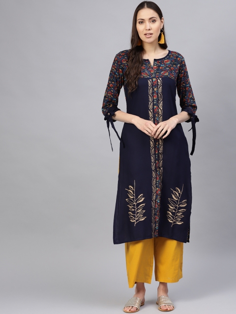 

Desi Rang Women Navy Blue & Golden Printed Straight Kurta