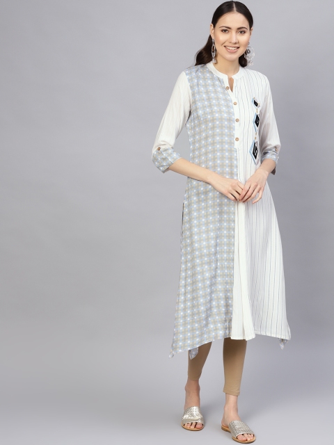 

Desi Rang Women Off-White & Blue Checked Straight Kurta