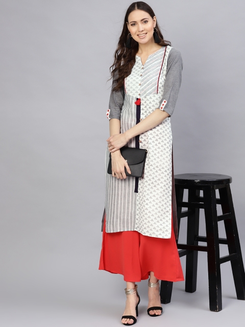 

Desi Rang Women White & Grey Printed Straight Kurta