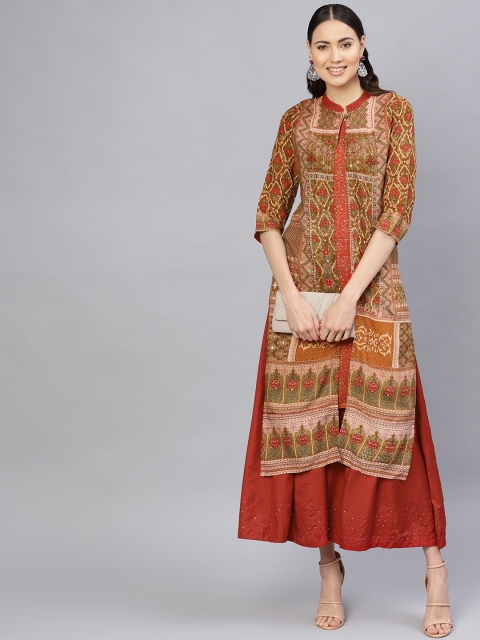

Desi Rang Women Olive Green & Brown Printed Layered Straight Kurta