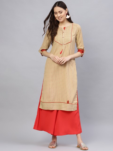 

Desi Rang Women Beige & Red Printed Straight Kurta