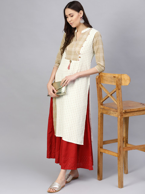 

Desi Rang Women White & Beige Printed Straight Kurta