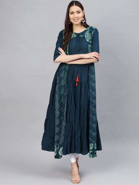 

Desi Rang Women Teal Blue Solid Anarkali Kurta with Ethnic Jacket