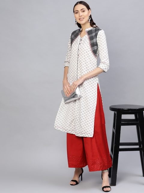 

Desi Rang Women White & Grey Printed Straight Kurta