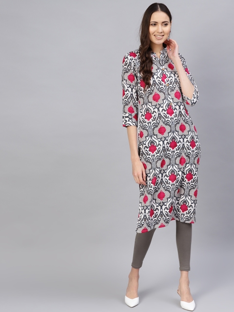 

Desi Rang Women White & Grey Printed Straight Kurta