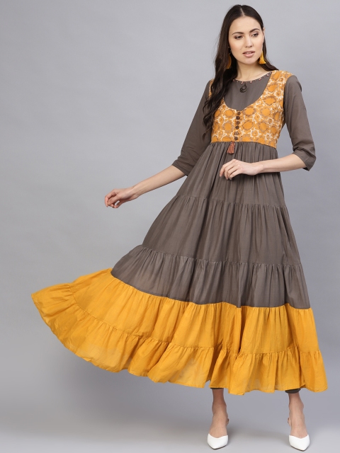 

Desi Rang Women Taupe & Mustard Yellow Colourblocked Tiered Anarkali Kurta