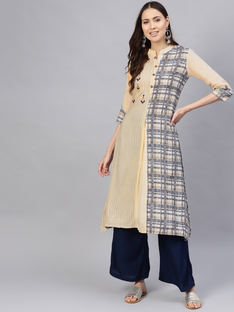 

Desi Rang Women Cream-Coloured & Grey Striped A-Line Kurta