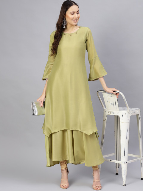 

Desi Rang Women Olive Green Solid Layered A-Line Kurta