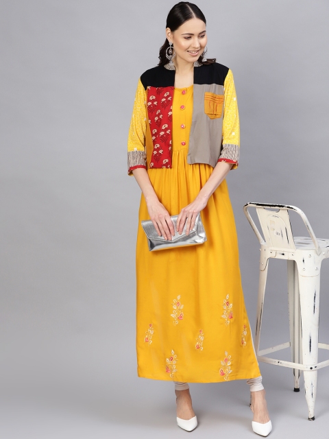 

Desi Rang Women Mustard Yellow Solid Straight Kurta with Ethnic Jacket