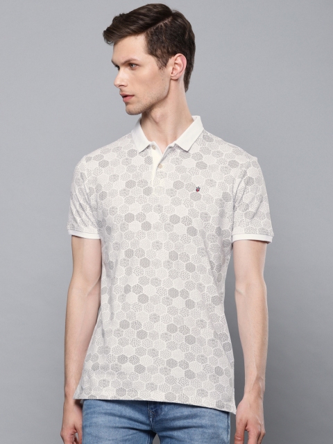 

Louis Philippe Jeans Men White & Grey Printed Polo Collar T-shirt
