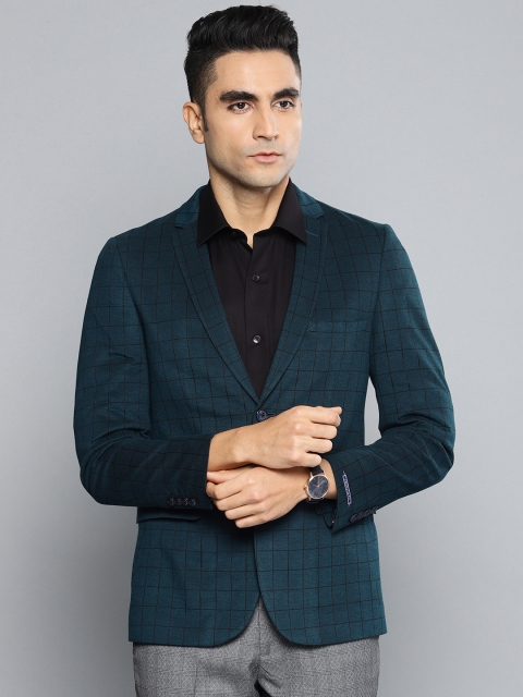 

Louis Philippe Sport Men Blue & Black Checked Super Slim Fit Single-Breasted Casual Pure Cotton Blazer, Teal