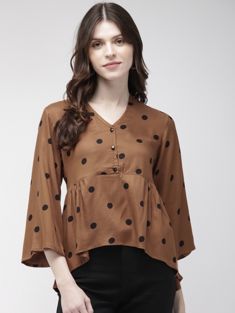 

20Dresses Women Brown & Black Polka Dot Printed High-Low Top