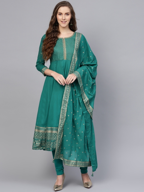 

Biba Women Teal Green & Golden Yoke Design Anarkali Kurta with Churidar & Dupatta